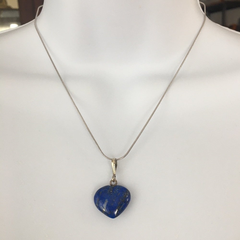 Natural lapis heart silver pendant & chain - Picture 4 of 4